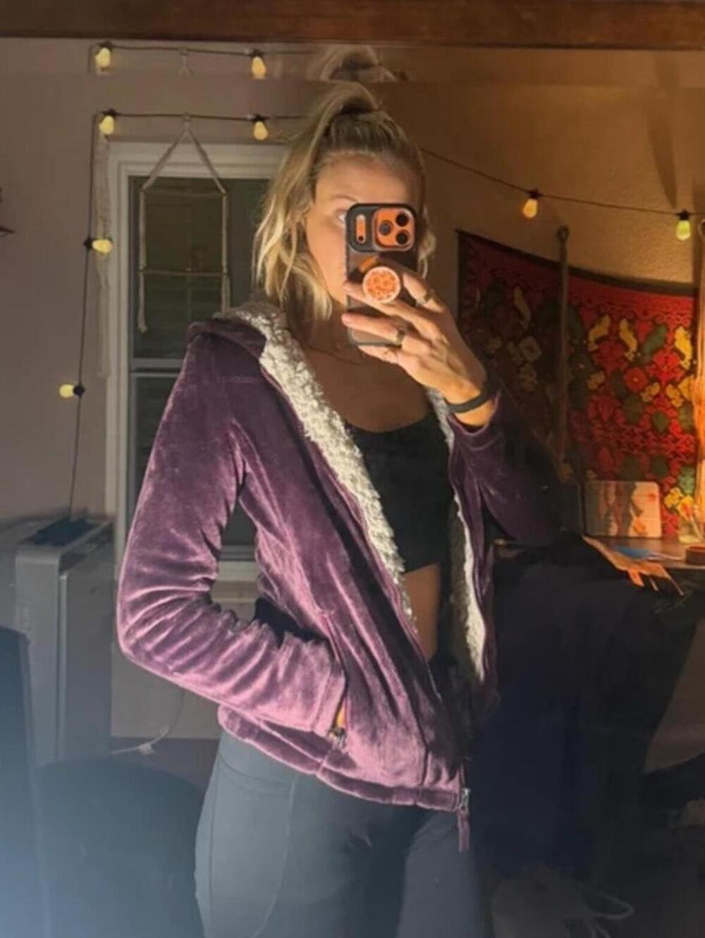 Weatherproof Purple Velour Sherpa-Lined Zip-Up Hoodie
